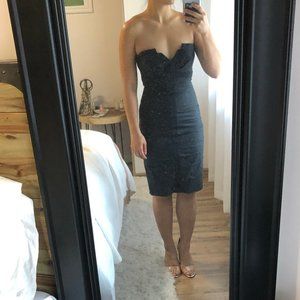 Strapless fitted midi dress with geometric neck